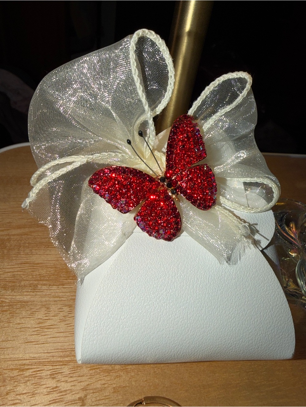NEW White keychain purse with detachable red butterfly brooch